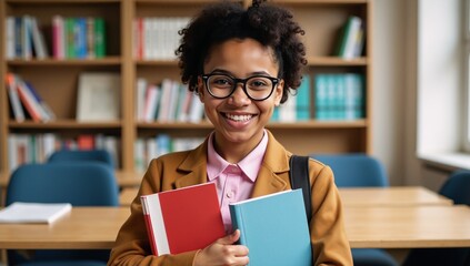 Confident African-American teenager with glasses and stacked books embodies educational enthusiasm