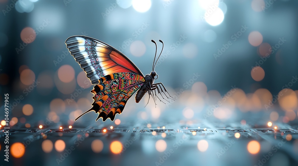 Fototapete close up of a beautiful multicolored butterfly with intricate thai inspired patterns hovering in a c