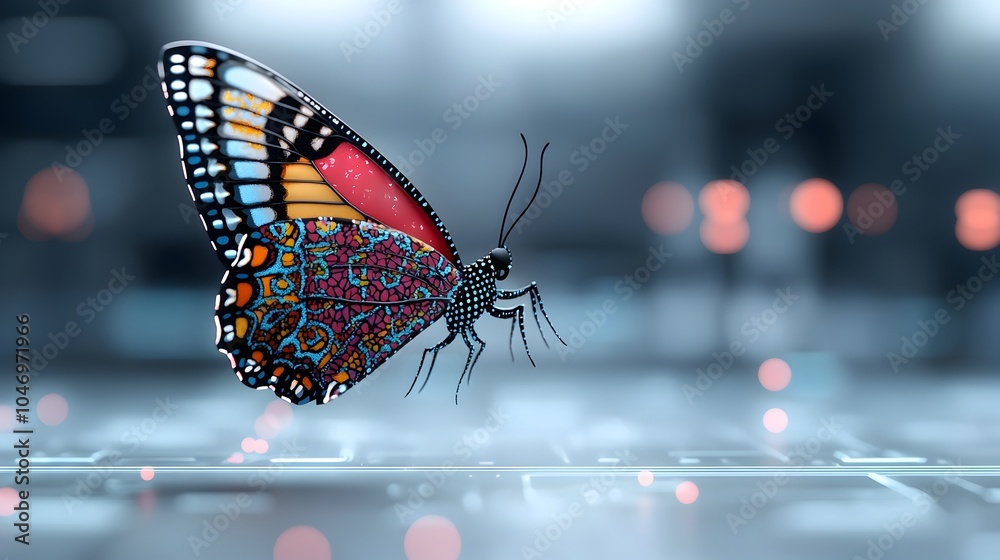 Leinwandbilder Close up of a beautiful multicolored butterfly with intricate Thai inspired patterns hovering in a sci fi inspired environment with glowing futuristic details