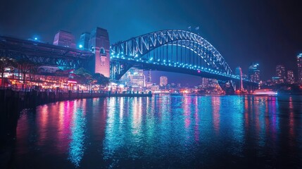 Naklejka premium Nighttime view of illuminated city bridge reflections