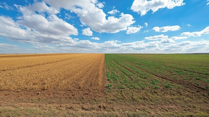 Fototapeta premium A comparison image of a once-vibrant field now barren due to drought, highlighting the urgent need for sustainable farming practices.