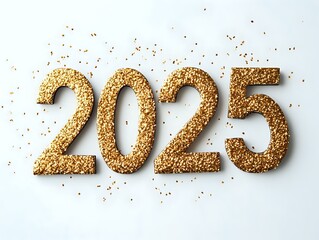 Gold glitter numbers 2025 with scattered confetti.