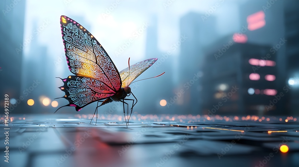 Fototapete a captivating sci fi themed butterfly with multicolored wings adorned with delicate thai inspired pa
