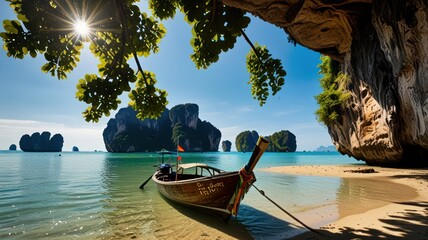 Obraz premium A traditional longtail boat is anchored on a pristine beach with clear turquoise water and towering limestone cliffs in the background. The sun shines brightly through the trees overhead.