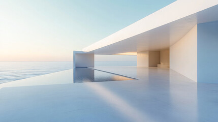 Obraz premium Modern architectural design overlooking tranquil sea during golden hour at a coastal location