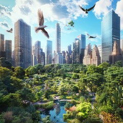 Obraz premium Vibrant cityscape, lush urban park with wildlife thriving, drone view captures birds and squirrels, intricate details of greenery against skyscrapers, photorealistic, vivid colors