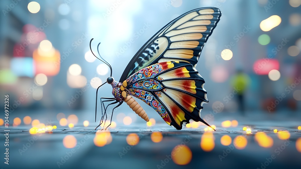 Poster close up of a large vibrant and intricately patterned multicolored butterfly with thai inspired desi