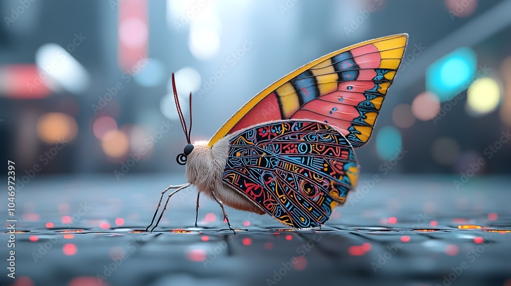 Poster close up of a large multicolored butterfly with intricate thai inspired designs on its wings set aga