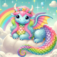 Obraz premium Pastel Rainbow Dragon, Generative Ai