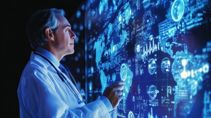 Doctor interacting with global icons, symbolizing healthcare connections worldwide, featuring a blue digital background, ideal for a global healthcare stock photo