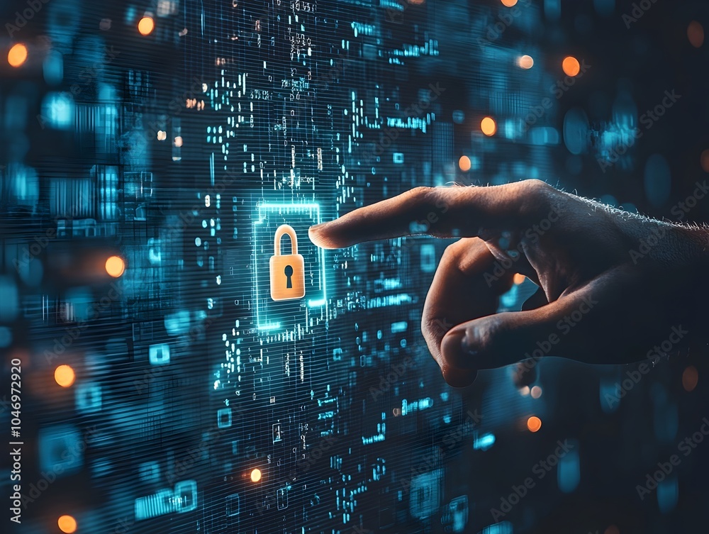 Poster hacker s hand reaching toward floating lock icon surrounded by digital code symbolizing attempt to b