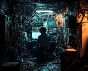 Hacker Working in Dimly Lit Basement with Tangled Wires and Outdated Technology