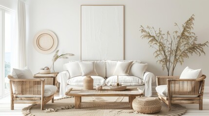Fototapeta premium A cozy lounge setup against a white canvas backdrop, Simple and inviting furniture arrangement, Coastal-inspired decor
