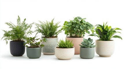 Obraz premium collection of indoor house plants in elegant ceramic pots, varying in shapes and sizes, beautifully arranged against a pristine white background to highlight their greenery
