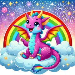 Obraz premium Rainbow-Tailed Dragon in a Starry Sky, Generative Ai