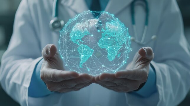 Doctor with global network visualization, showcasing healthcare connections through digital lines, representing international communication in healthcare, perfect for a modern stock image