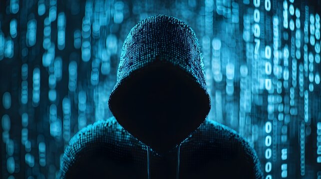 Hooded Hacker Silhouette Against Backdrop of Binary Code and Digital Noise