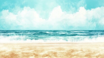 A watercolor sandy beach scene, with soft hues of blue and beige, gentle waves, and the horizon meeting the sky in the distance.