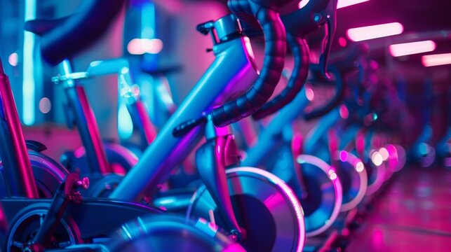 The group cycling room is dimly lit with neon lights providing a lively atmosphere for a spin class.