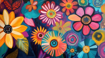 colorful abstract flower design bursting with vibrant hues, capturing the essence of spring with playful shapes and textures, evoking feelings of joy and renewal