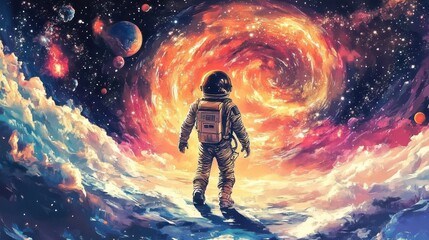 Obraz premium colorful and vivid illustration of an astronaut exploring the vastness of space, surrounded by swirling galaxies and cosmic wonders, inspiring creativity and imagination