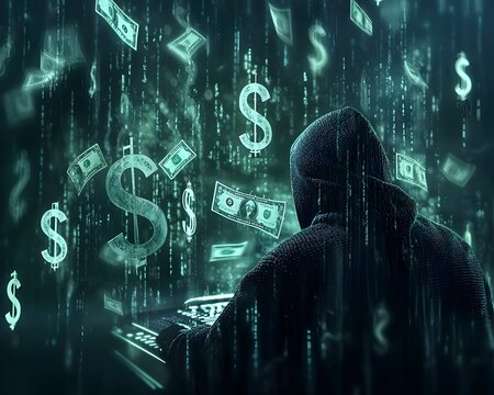 A hacker breaching a financial system stealing money and data through digital crime
