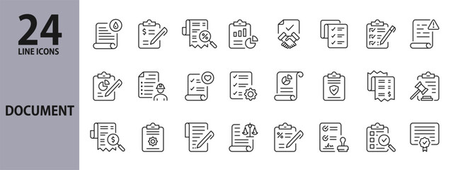 Document collection line icons set with Page, Document, Sheet, Paper, Contract and more. Editable Stroke