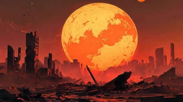 Post-Apocalyptic Cityscape with Giant Orange Moon