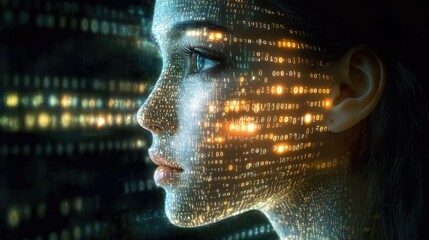 A profile highlighted by cascading binary code through a dark setting, conveying the essence of digital identity and mystery interwoven with futuristic design elements.