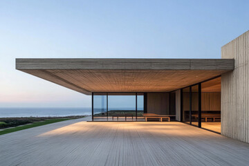 Fototapeta premium Modern seaside house with expansive terrace overlooking the ocean at dusk