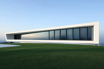 Fototapeta premium Modern architectural design of a sleek, elongated building with expansive glass in a scenic location
