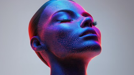 A female face depicted in vibrant blue and pink colors with dot patterns, creating an avant-garde futuristic visual that explores individuality and technology.