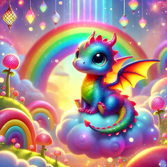 Obraz premium Tiny Dragon with Shimmering Rainbow Scales, Generative Ai