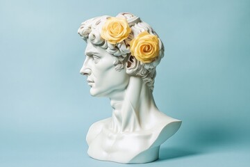 A marble bust elegantly adorned with a yellow flower wreath, creating a harmonious blend of classical sculpture with a touch of nature-inspired artistry.