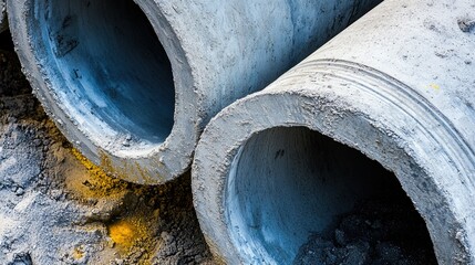A detailed shot of concrete drainage pipes ready for installation, highlighting the materials and processes involved in urban drainage systems.