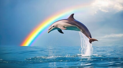 Fototapeta premium A dolphin breaks the water surface, leaping high into the air with a bright rainbow arcing across the sky behind it