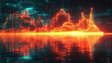 Fototapeta premium A vibrant digital rendering of a fiery orange mountainous landscape mirrored by serene waters, creating a powerful juxtaposition of energy and tranquility.