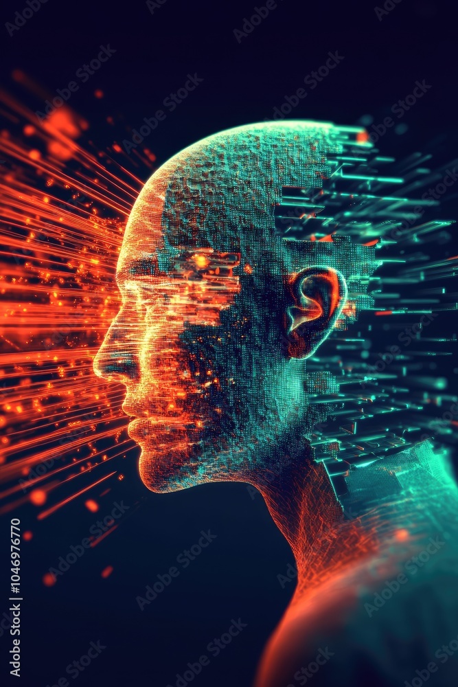 Poster a striking side view digital portrait with horizontal motion lines blending blue and red elements to