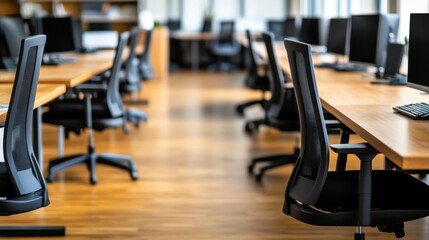 Fototapeta premium Blurred view of an empty office with light bokeh effect, offering a sense of space and openness, perfect for abstract design and creative backgrounds