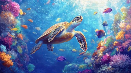 Naklejka premium colorful underwater scene of a sea turtle gracefully swimming among vibrant fish, creating an enchanting view of marine life and biodiversity