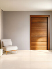 Modern interior design with minimalist chair and wooden door in a bright room