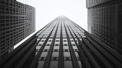 A towering skyscraper captured from the street level, showcasing sleek modern architecture with clean lines and geometric patterns, all in grayscale