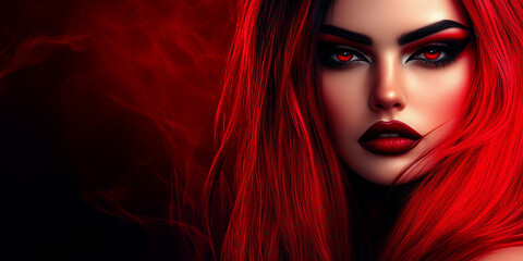 Fototapeta premium Striking Halloween Makeup with Red Hair and Bold Cosmetics