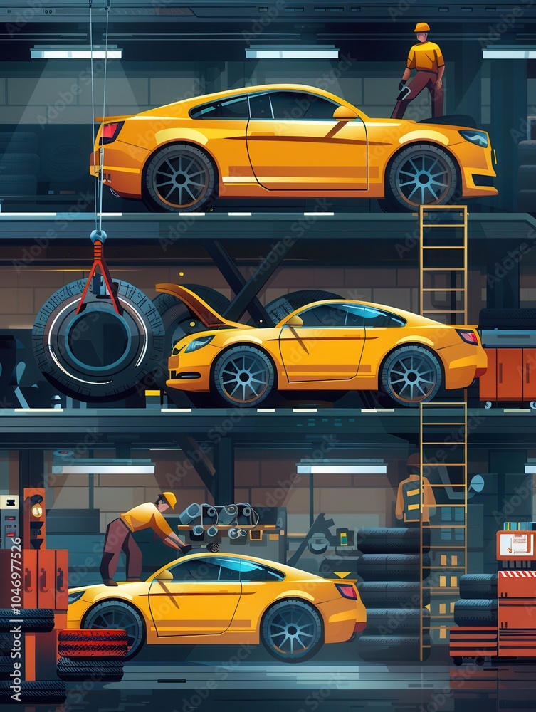 Aufkleber Mechanics are busy changing tires and performing maintenance on several cars in a well-lit garage, showcasing teamwork and efficiency. Generative AI