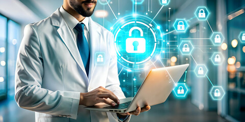 Glossy Background Tech Savvy Healthcare IT Manager Cloud Security High Tech Digital Dashboard Copy Space Photo Stock Concept Importance of Cloud Security in Healthcare