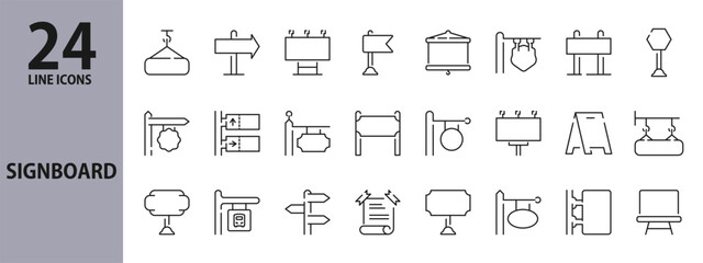 Signboard collection line icons set with Sign, Announcement, Board, Banner, Frame, Placard and more. Editable Stroke