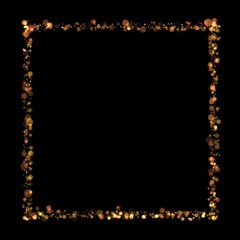 Gold sparkle or glitter lights effect square frame, transparent light bokeh, isolated. Golden border, jewel deco art. Shining dust glowing confetti. Spark object. Png