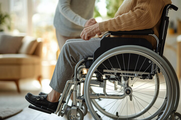 Obraz premium An elderly person sitting in a wheelchair with a caregiver, highlighting assistance and care for seniors with limited mobility
