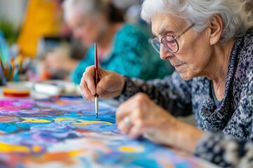 An elderly woman engaged in a painting activity at a care facility, promoting creativity and expression