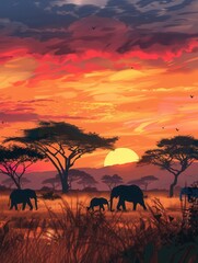 Fototapeta premium A herd of elephants walks peacefully across the savanna as the sun sets, casting warm hues across the landscape. Generative AI
